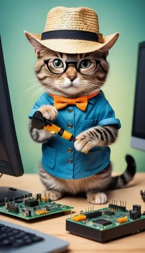 A whimsical and humorous illustration of a feline technician wearing a straw hat and glasses, expertly wielding a screwdriver to repair a computer circuit board. The cat's adorable and comical pose ad