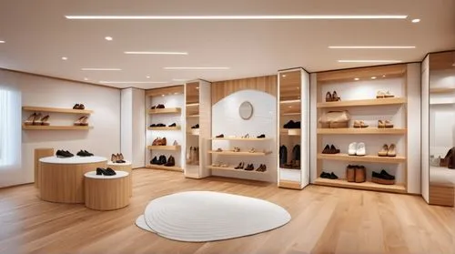 Women shoe store design. Modern and clean atmosphere. The floor is made of light-toned wooden tiles, and the walls and ceiling are painted white. Try making your furniture a wood tone. Lay an ivory co