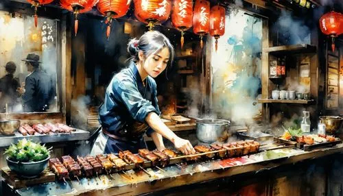 yakitori,watercolor tea shop,chinese art,hong kong cuisine,korean chinese cuisine,chinese cuisine,korean cuisine,oriental painting,taiwanese cuisine,huaiyang cuisine,street food,watercolor background,asian cuisine,anhui cuisine,japanese cuisine,cantonese food,chinese sausage,watercolor painting,world digital painting,oriental