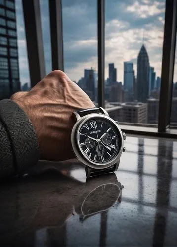 Modern architectural watch, sleek metal body, minimalist face, Roman numerals, leather strap, silver buckle, masculine hand, urban background, cityscape, skyscraper, glass windows, steel beams, concre