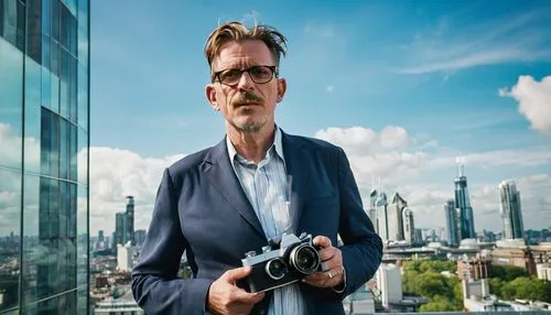 Famous architectural photographer, solo, mature man, glasses, short hair, casual wear, holding camera, standing, skyscraper, cityscape, modern architecture, steel structure, glass facade, urban jungle