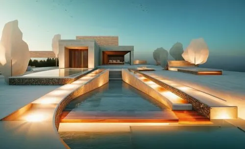 glass natural stone concrete landscape garden trees spotlight bright sunlight summer night view ,a modern house in the snow by the ocean,amanresorts,infinity swimming pool,egyptian temple,marble palac