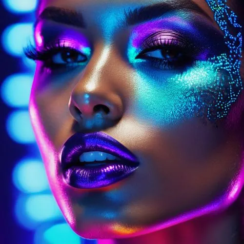 neon makeup,ultraviolet,neon light,uv,colored lights,neon lights,neon body painting,black light,colorful light,neon,neon colors,blue light,indigo,glow,disco,iridescent,intense colours,luminous,purple glitter,violet,Photography,General,Fantasy