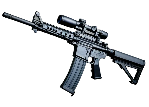 AR-15 rifle, metallic black body, ergonomic grip, tactical scope, folding stock, flash hider, magazine clip, urban warfare, low-angle shot, dramatic lighting, high contrast, cinematic composition, sha