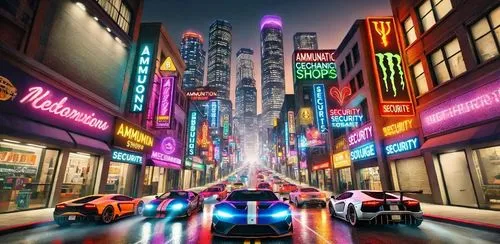 Expand knowing it's GTA V ambience.,neon neon signs adorn the night streets and high rise buildings,colorful city,fantasy city,world digital painting,cybercity,3d car wallpaper,futurepop,new york stre