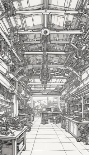 industrial tech workshop, garage, with robotic arms attached to the ceiling, batcave, iron man workshop,Satellite photography, line drawing, Real perspective, cluttered maximalism detailed linework.,s