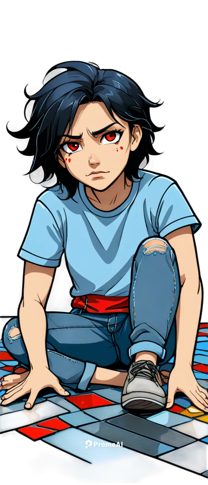 Exhausted cartoon character, slumped posture, sweat droplets on forehead, red eyes, messy black hair, worn-out expression, torn grey t-shirt, ripped blue jeans, bare feet, sprawled on floor, dramatic 