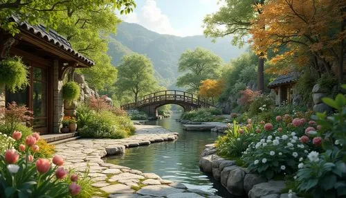 japan garden,mountain spring,shaoming,lijiang,beautiful landscape,japan landscape,beautiful japan,wooden bridge,flower water,nature garden,garden pond,korean folk village,nature landscape,south korea,landscape background,river landscape,home landscape,tianling,jinhae,idyllic,Photography,General,Realistic