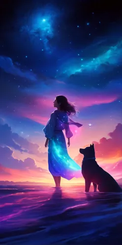 fantasy picture,starclan,explorers,dusk background,constellation wolf,sailing blue purple,astral traveler,dreamscape,wonderlands,beautiful wallpaper,boy and dog,howl,journey,dreamtime,fantasia,realms,children's background,art background,howling wolf,nightsky