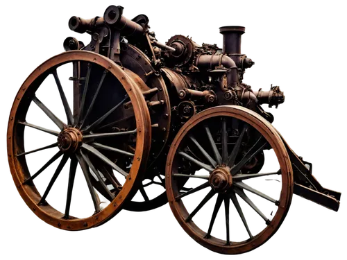 Industrial cannons, metal structure, rusty texture, worn-out surface, detailed bolts and nuts, massive wheels, steam-powered engine, old-fashioned machinery, intricate pipes, worn leather straps, vint