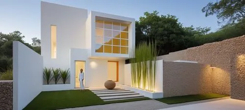 a modern house with green grass on the front lawn,cubic house,modern house,cube house,modern architecture,dunes house,vivienda,Photography,General,Realistic