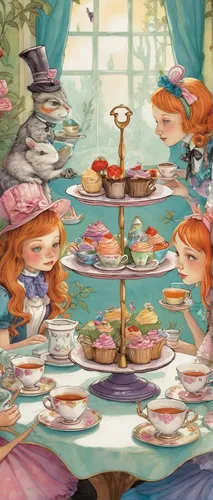 tea party,alice in wonderland,tea party collection,afternoon tea,teatime,tea service,tea party cat,high tea,tearoom,tea time,thanksgiving background,ginger family,placemat,children's fairy tale,teacup,fairy tale character,tea cups,fairy tale,fairytale characters,tea art,Illustration,Paper based,Paper Based 01