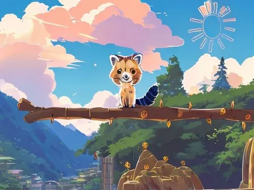 Red panda, blue sky and clouds, sun, bamboo and waterfall ,owl background,child fox,laika,animal film,bird kingdom,perched on a wire,cute fox,meteora,wooden pole,lion king,howl,background image,a fox,