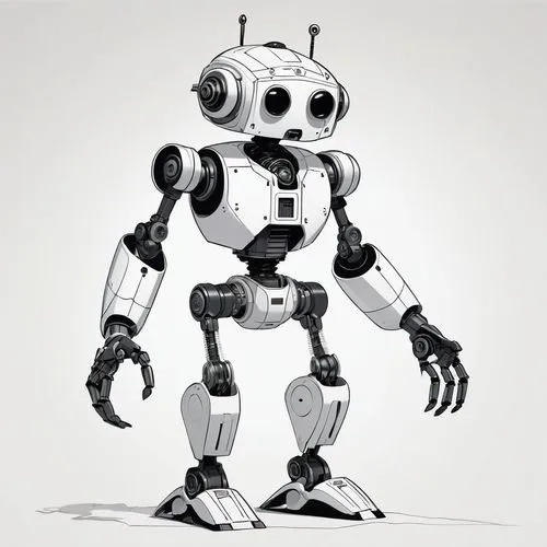 A black and white sketch of an anthropomorphic robot with a boxy head and large, circular eyes that convey a sense of curiosity or innocence. The body of the robot is constructed of various geometric 