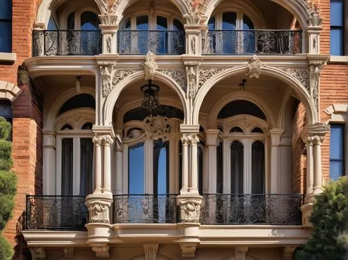 Melbourne architectural design, Victorian-era inspired, intricate mouldings, ornate details, grandiose building facade, stone or brick exterior, arched windows, ornate doorways, balconies with iron ra