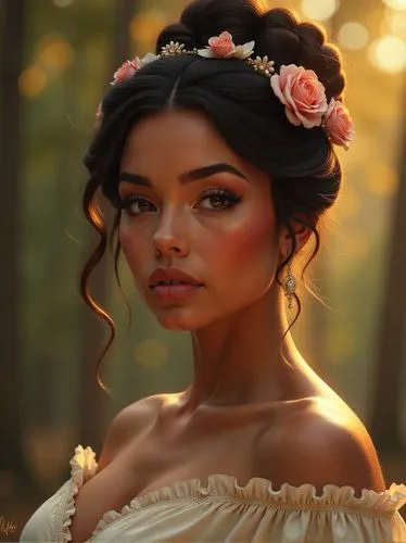 polynesian girl,enchanting,tiana,beautiful girl with flowers,esmeralda,romantic portrait,Illustration,Realistic Fantasy,Realistic Fantasy 28