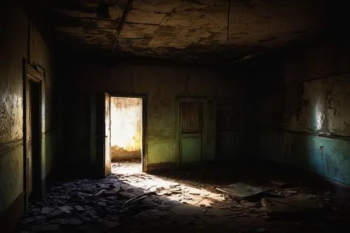 Creepy atmosphere, abandoned room, Level 19, dimly lit, flickering fluorescent lights, old rusty pipes, worn-out concrete walls, broken furniture, scattered papers, eerie silence, mysterious shadows, 