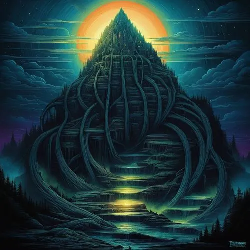 carcosa,tirith,labyrinths,lovecraft,powerslave,prog,metavolcanic,mountain peak,erebor,zathura,pyramid,eldritch,labyrinth,nyarlathotep,serpentarium,labyrinthian,mythography,mondor,sci fiction illustration,world digital painting,Illustration,Realistic Fantasy,Realistic Fantasy 25