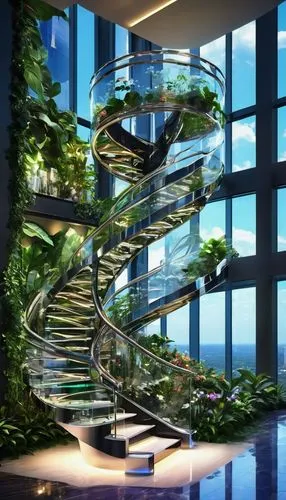 spiral staircase,futuristic architecture,futuristic landscape,dna helix,sky space concept,helix,arcology,staircase,spiral stairs,staircases,biopiracy,sky ladder plant,steel stairs,escaleras,skybridge,multilevel,atriums,biospheres,biophilia,titanum,Illustration,Realistic Fantasy,Realistic Fantasy 37