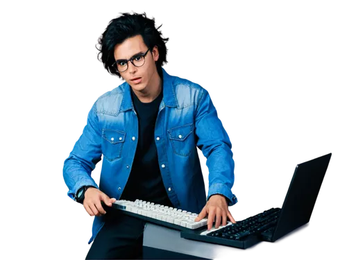 Hacker, young adult male, messy black hair, thick-framed glasses, worn-out denim jacket, black T-shirt, ripped jeans, sneakers, intense facial expression, fingers typing rapidly on keyboard, dimly lit