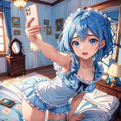 girl making selfie,rem,siro,kanon,ene,sayo,kanata,blue room,seiran,aoba,rem in arabian nights,selfie stick,myosotis,picturephone,nanami,chieri,photosphere,sakuya,kuroko,masayo,Anime,Anime,Traditional