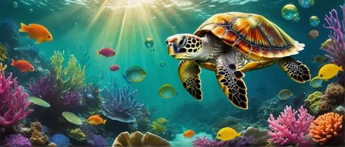 Turtle art, cartoon style, colorful, whimsical, fantasy world, underwater scene, coral reef, seaweed, ocean flowers, playful turtle character, smiling face, big eyes, green shell, flippers, swimming p