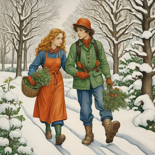 girl and boy outdoor,snow scene,forest workers,snowshoers,vintage boy and girl,young couple