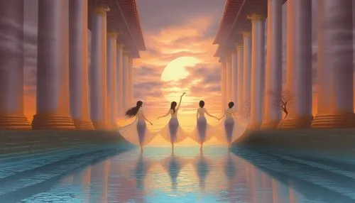 Beautiful pregnancy young womaan full nude very exotic and misty skyll ,three beautiful young ladies carrying their dresses in an elegant setting,egyptian temple,phoenicians,themyscira,artemis temple,