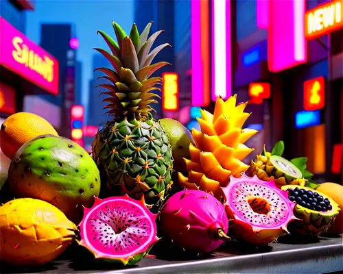 Colorful exotic fruits, assorted arrangement, dragon fruit, pineapple, kiwi, passionfruit, mango, papaya, berries, grapes, realistic textures, vibrant colors, 3/4 composition, shallow depth of field, 