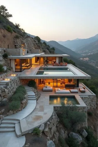 A contemporary villa built into a hillside, with sunken courtyards that create intimate outdoor living spaces. The villa’s terraces extend outward, offering panoramic views of the valley below. The de