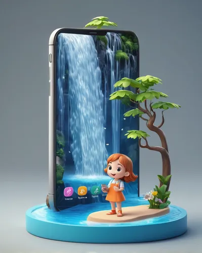 a mobile phone with its screen displaying a miniature waterfall scene. The waterfall should originate from within the screen and flow outward, creating the illusion of water cascading out of the phone