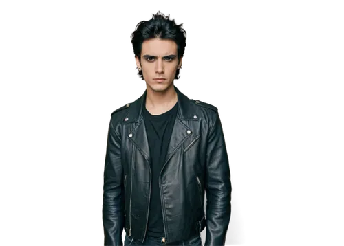 Dark-themed portrait, villainous male, sharp jawline, piercing eyes, black eyeliner, messy black hair, gothic makeup, black leather jacket, ripped jeans, silver accessories, brooding expression, low-k