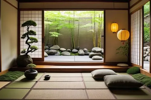 japanese-style room,japanese zen garden,ryokan,zen garden,ryokans,japanese garden ornament,tatami,zen stones,dojo,japan garden,zen,chanoyu,bamboo curtain,japanese style,teahouse,bamboo plants,onsen,zazen,japanese patterns,tea ceremony,Illustration,American Style,American Style 08