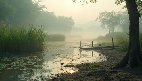 Wetland scenery, misty atmosphere, serene landscape, tall reeds, water lilies, muddy shore, wooden dock, distant misty mountains, soft warm lighting, morning dew, calm waters, gentle ripples, lush gre