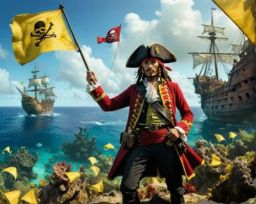 a lone pirate, dressed in a deep red uniform, stands in front of a tall, slender sea of yellow and white, waving flags and bowties to the crooks of the caribbean sea. The camera captures the scene thr