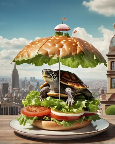 A captivating surrealist advertisement features a turtle-shaped burger in the center of the composition. The burger is adorned with lettuce, tomato, and a small umbrella. The background is a dreamy, s