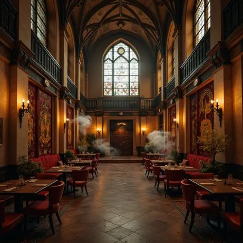 Grandiose hostel lobby, Gothic arches, ornate stone carvings, vaulted ceilings, stained glass windows, warm golden lighting, rich wood furnishings, plush velvet upholstery, intricate metalwork, myster