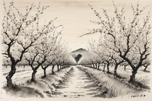 apple trees,orchards,fruit fields,almond trees,apple mountain,apple orchard,apple plantation,fruit trees,pear cognition,apple tree,blossoming apple tree,orchard,peach tree,the mystical path,tree grove,pathway,olive grove,fruit tree,walnut trees,apple blossoms,Illustration,Paper based,Paper Based 30