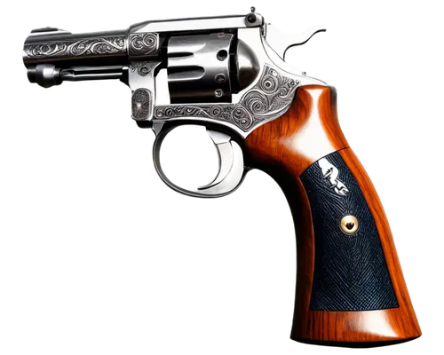 Western Colt 45, revolver, metallic finish, engraved design, wooden grip, shiny barrel, smoking muzzle, close-up shot, dramatic lighting, cinematic composition, realistic texture, detailed mechanisms.