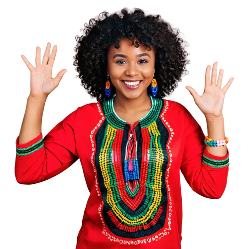 Happy Kwanzaa girl, Afro hair, colorful beads, bright smile, vibrant clothing, traditional dashiki, African patterns, festive atmosphere, warm lighting, 3/4 composition, shallow depth of field, soft f