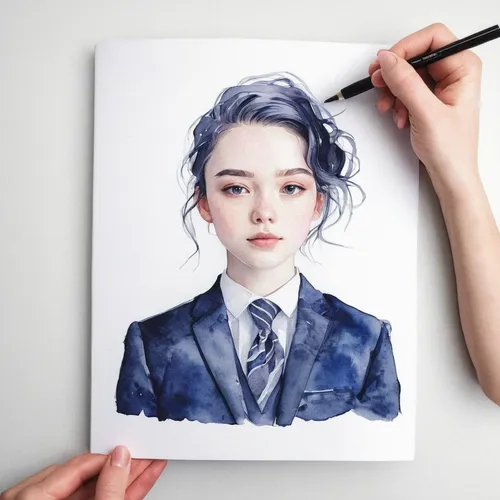 Suggest clothes for a formal passport photo-shoot.,watercolor blue,girl drawing,watercolor,watercolor pencils,watercolor painting,watercolor paper,girl portrait,copic,watercolor background,color penci