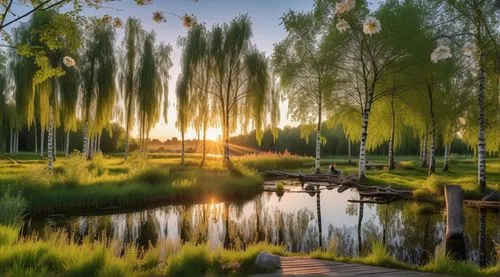 woodland with a couple of willow trees in the natural pond with rocks and people at the background, wild meadow flower silver birch groves, mown path and dreamy sun set , bird , hotel insects and logs