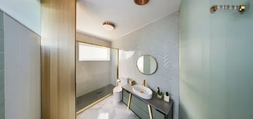 beautiful modern country home, Green farm land surrounding the home, modern luxe bathroom, beautiful white herringbone tile walls, beautiful black and grey floor tiles, beautiful vanity with marble cr