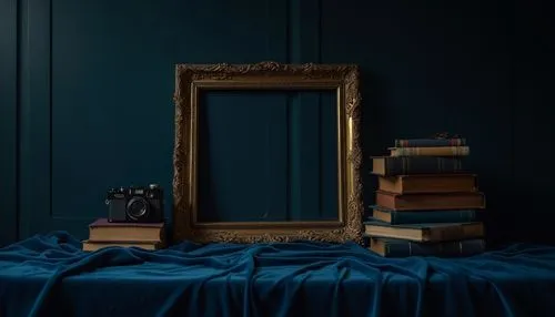 Prussian blue, dark mysterious tone, symbolizing depth and reflection, artistic still life, old master painting style, ornate gold frame, dimly lit room, solitary atmosphere, single source soft lighti