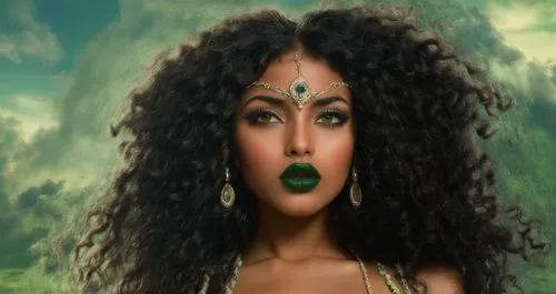 
 nude Beautiful arab girl, full dark curly hair, big green eyes, full black lips, misty sky,a woman with a green lip and gold jewelry on,matangi,gothel,miss circassian,shangela,arundhati,nigeria woma