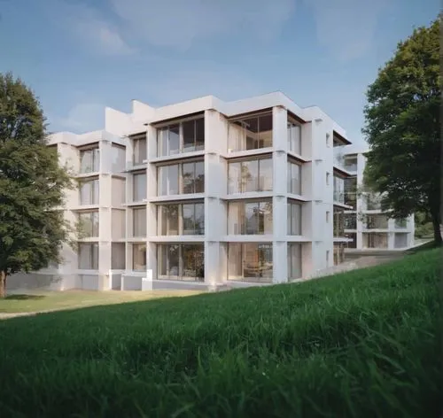 grass and trees
,two white buildings with windows and grass in the foreground,plattenbau,passivhaus,europan,maisonettes,architektur,immobilier,eisenman,house hevelius,appartment building,arkitekter,im