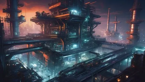 industrial landscape,refinery,industrial,metropolis,industrial ruin,cyberpunk,cyberport,industries,industrial area,cybertown,cybercity,industrial plant,dystopian,factories,bladerunner,cyberia,precipitator,shadowrun,dystopias,industrialization,Conceptual Art,Oil color,Oil Color 18