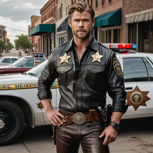 Chris Hemsworth as a sheriff wearing leather pants and leather shirt, with a large belt buckle in the form of a sheriff badge with the name of the department , he is standing next to his patrol car in