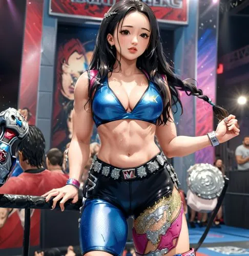 Christian Serratos and female wrestling gear, mettalic and bedazzlered, normal hand, pulling hair, beautiful hands,a women in a blue  top and wrestling shorts,xiaoyu,tekken,juri,xia,ayata,chun,Anime,A