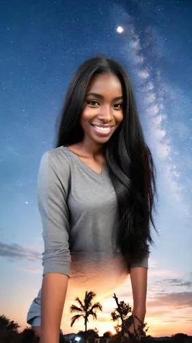 a girl with long dark hair standing under the stars,monifa,blurred background,azealia,lens flare,oumou,amerie